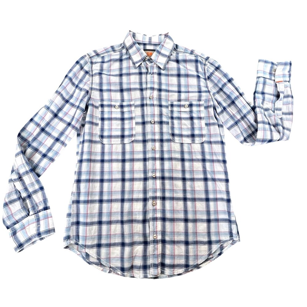 Hugo Boss BOSS Orange Plaid Shirt Mens M Blue White Pink Roll Tab 2 Pocket Flap